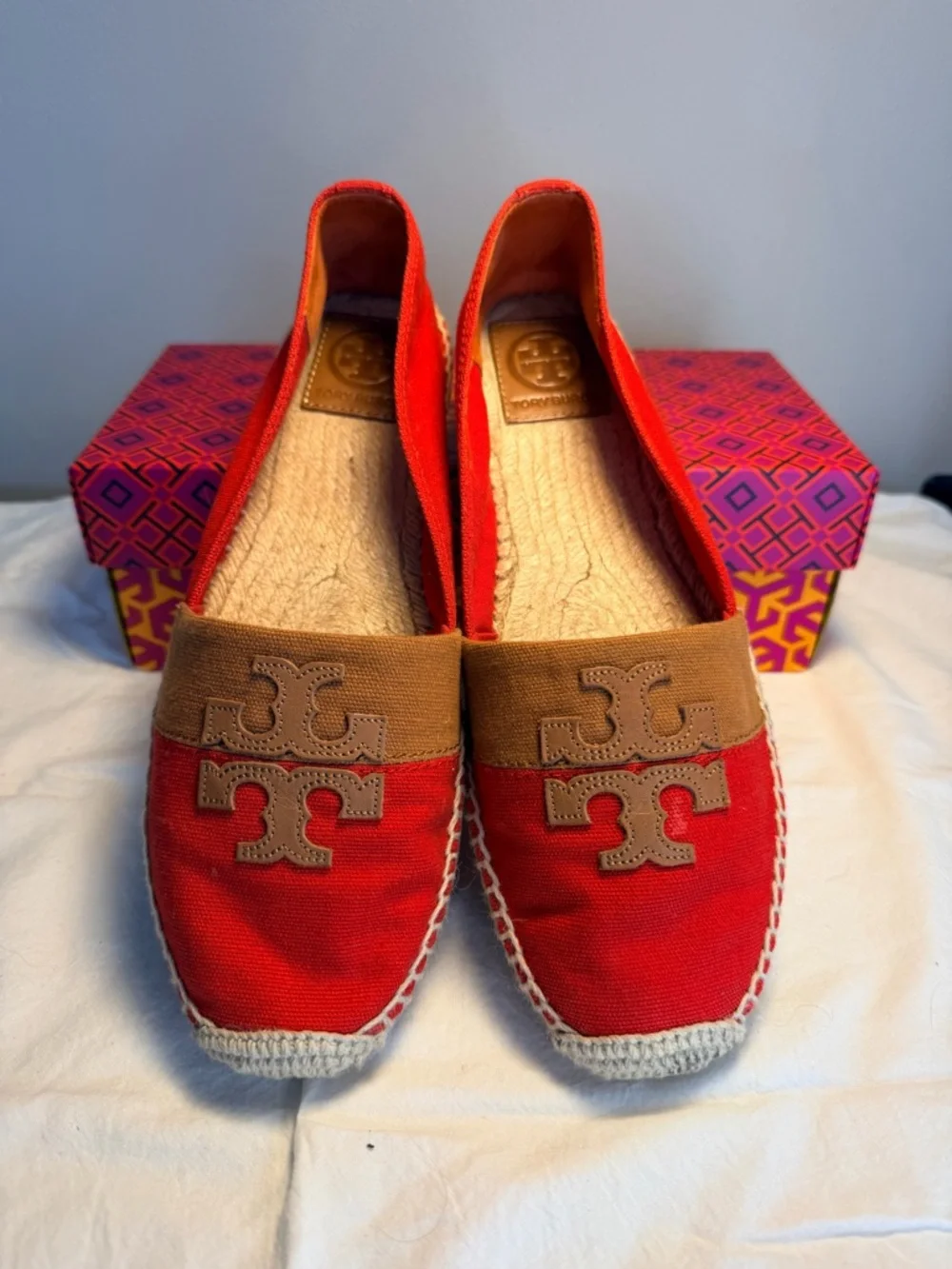 Tory Burch Red Canvas Espadrilles with Tan Trim and Logo